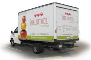 Design and coordination of a vehicle wrap for Three Tomatoes Catering. The design leverages their tag line 'the measure of success' and maintains their brand through the use of color and pattern. 