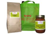 For Three Tomatoes Catering we designed this dinner gift pack for clients. We designed the screen printed shopping bag, housemade pasta sauce label, and the label on the bag of pasta.