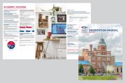 Design and layout of the 20 page New Student Orientation Manual that contains important information, locations and links a new student needs.