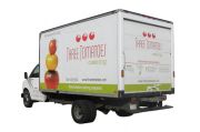 Design and coordination of a vehicle wrap for Three Tomatoes Catering. The design leverages their tag line 'the measure of success' and maintains their brand through the use of color and pattern. 